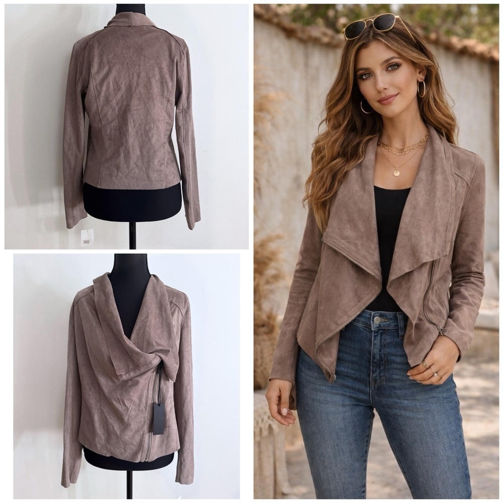 NWT Blank NYC Women's Taupe Brown Faux Suede Leather Moto Jacket S​